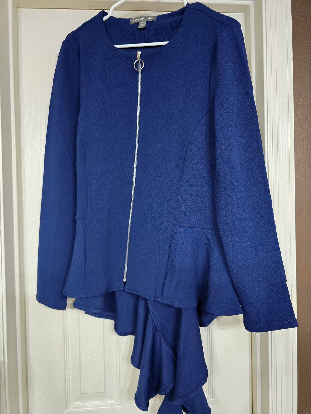 Blue Asymmetric Ruffle Zip Jacket